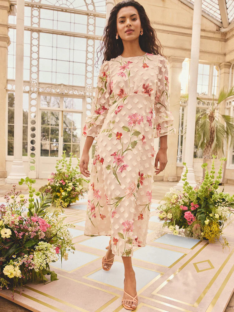 Love & Roses x RHS Ivory Floral Printed 3D Crew Embellished Neck Midi Dress