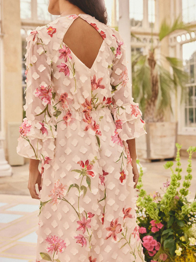 Love & Roses x RHS Ivory Floral Printed 3D Crew Embellished Neck Midi Dress
