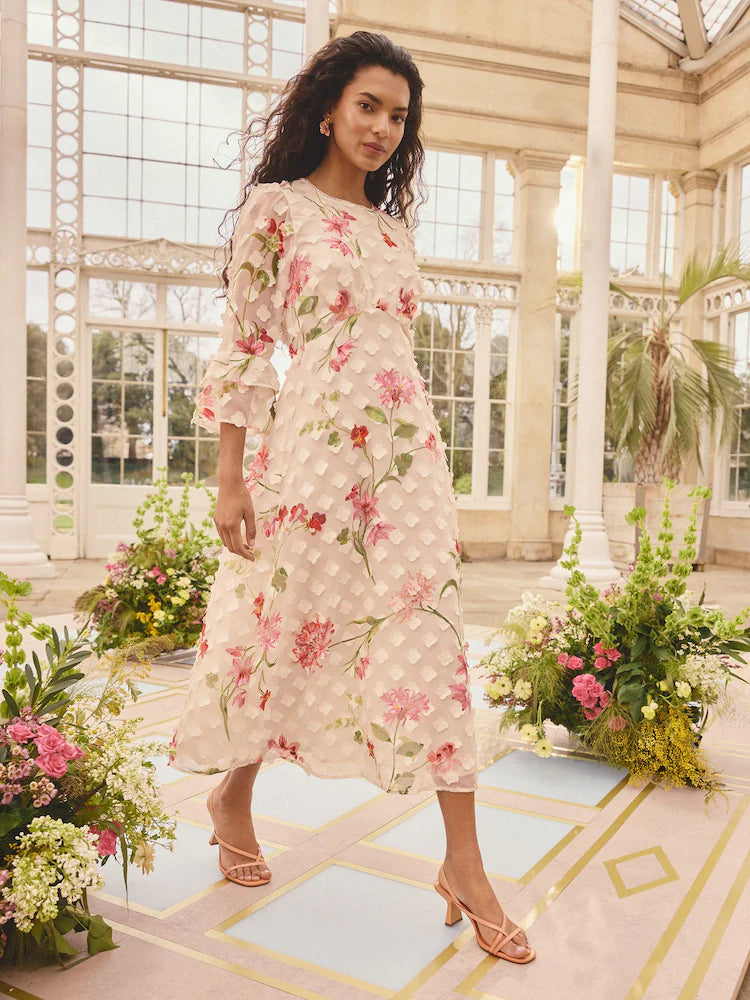 Love & Roses x RHS Ivory Floral Printed 3D Crew Embellished Neck Midi Dress