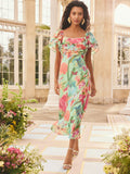 Love & Roses x RHS Green Blurred Floral Flutter Sleeve Pleated Bodice Midi Dress