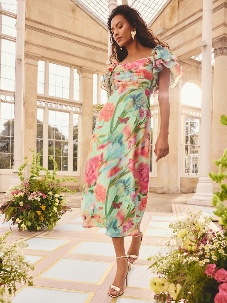 Love & Roses x RHS Green Blurred Floral Flutter Sleeve Pleated Bodice Midi Dress