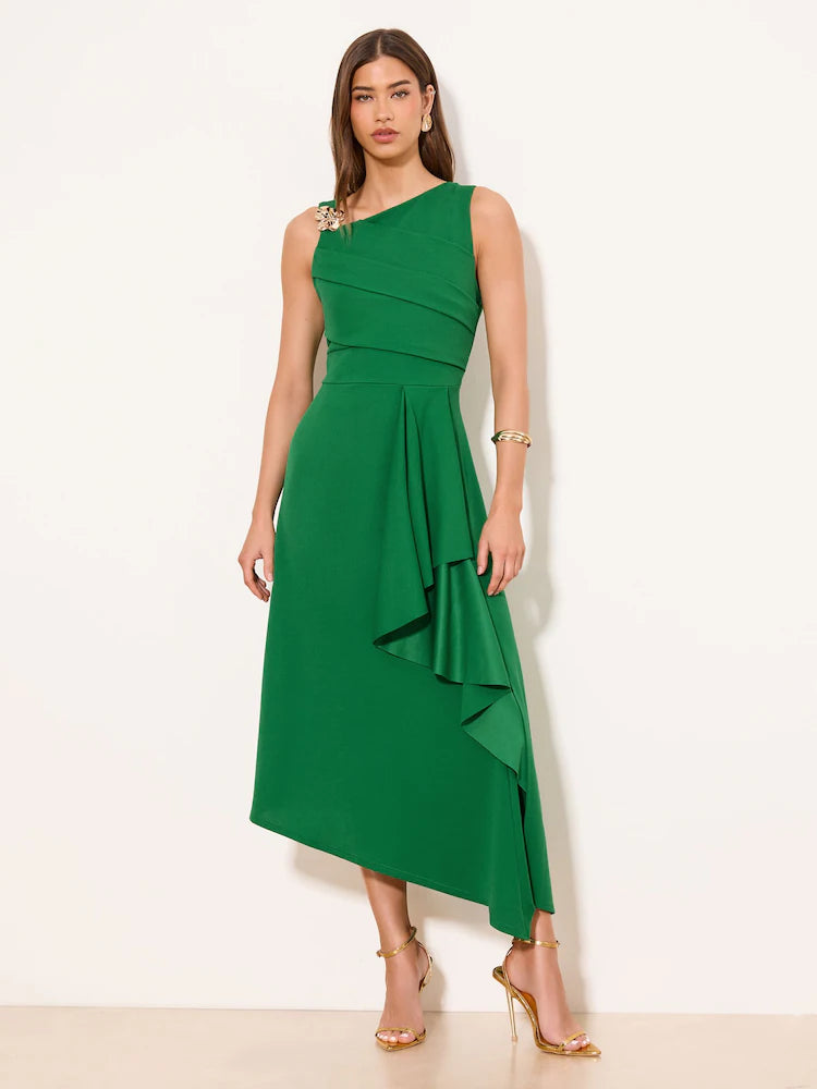 Lipsy Green Gold Trim Ruffle Drape Fit And Flare Midi Dress