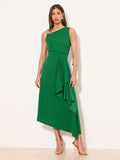 Lipsy Green Gold Trim Ruffle Drape Fit And Flare Midi Dress