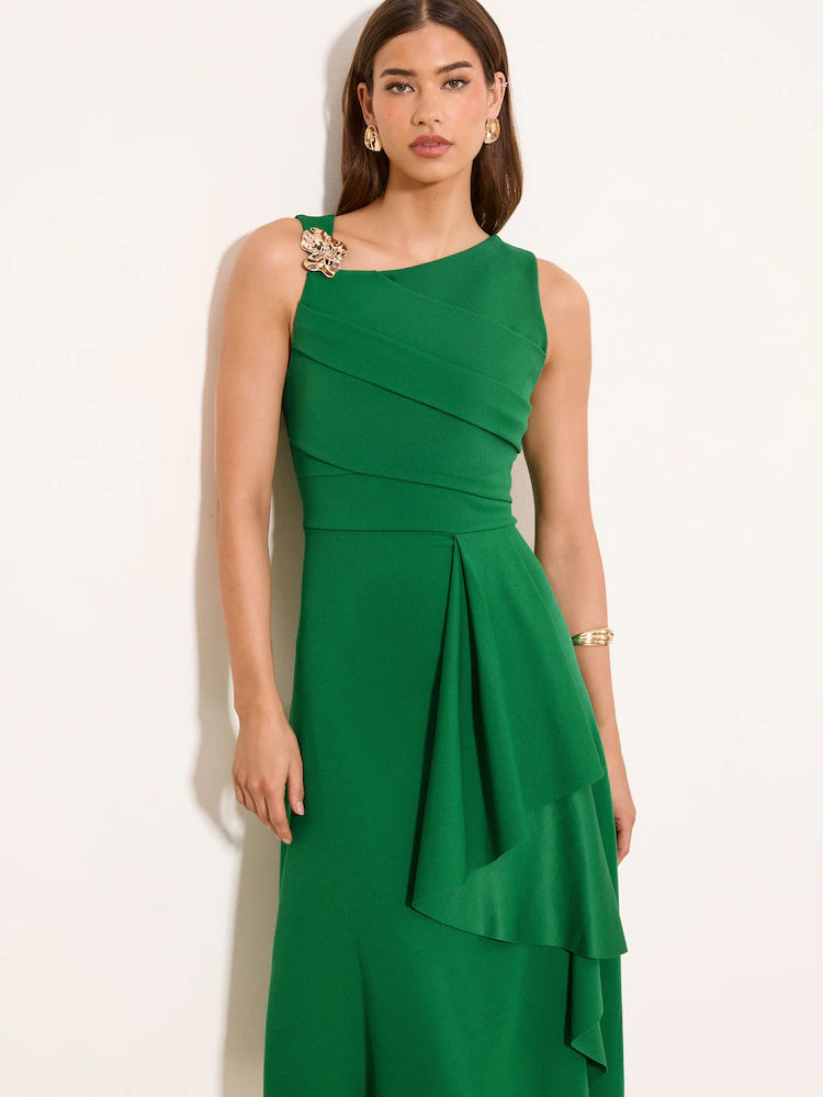 Lipsy Green Gold Trim Ruffle Drape Fit And Flare Midi Dress