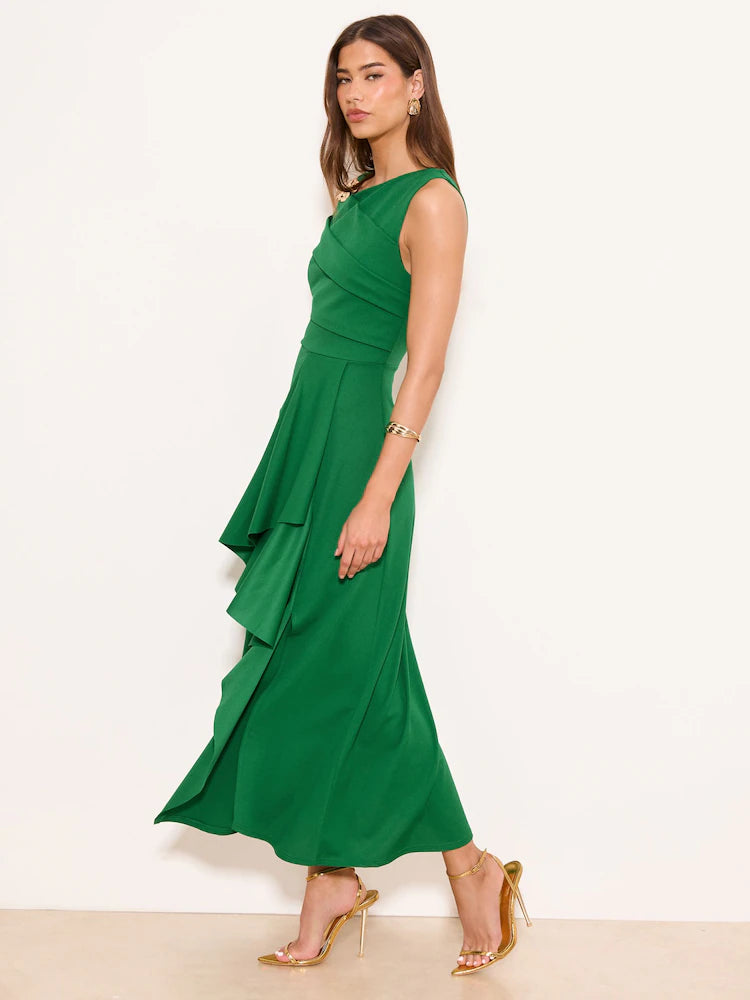 Lipsy Green Gold Trim Ruffle Drape Fit And Flare Midi Dress