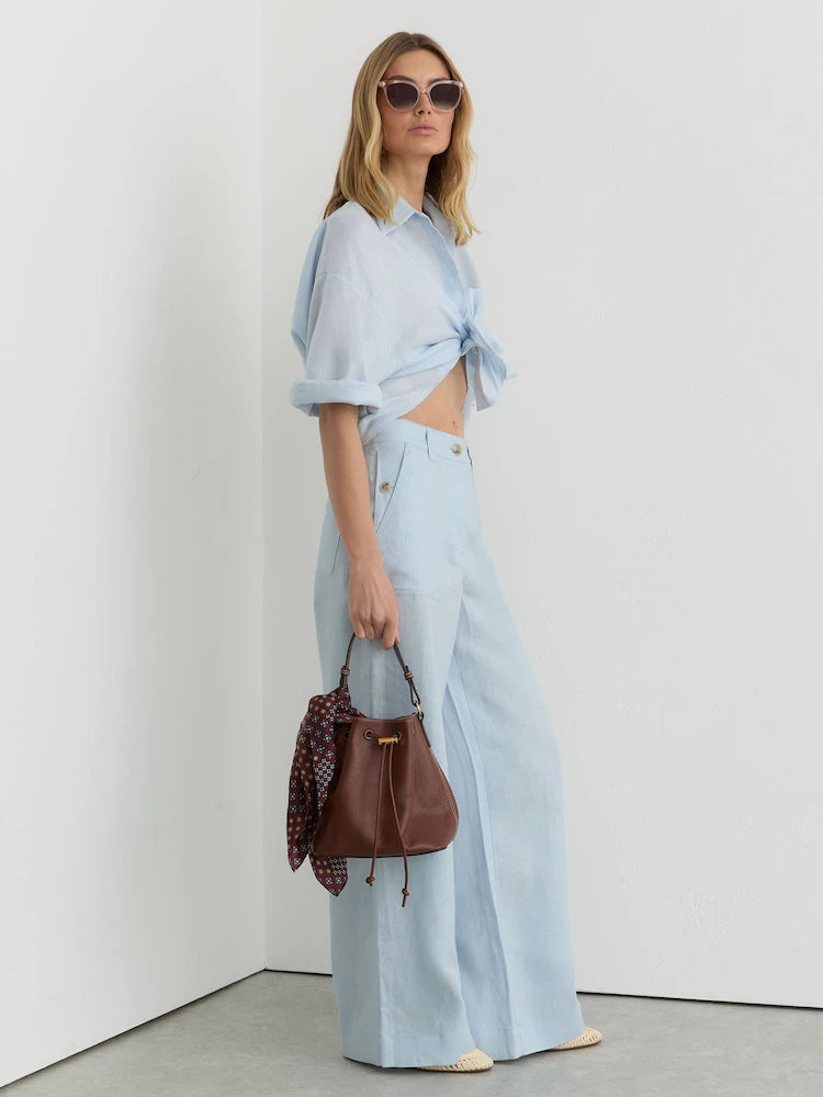Reiss Dusty Blue Ashby Petite Linen Wide-Leg Trousers