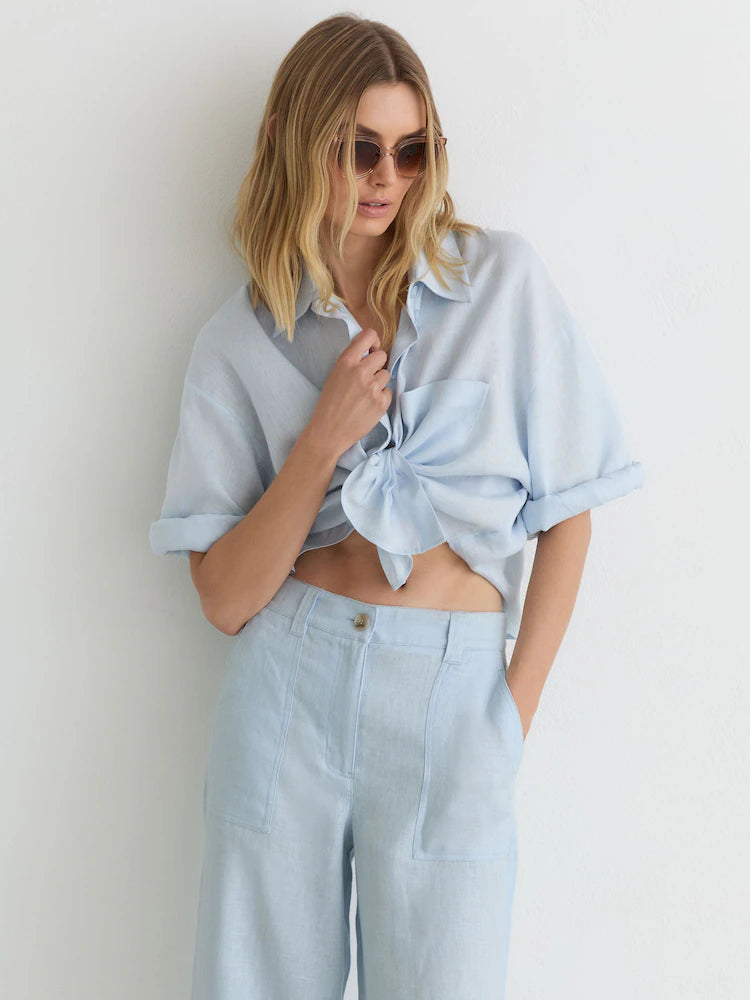 Reiss Dusty Blue Ashby Petite Linen Wide-Leg Trousers