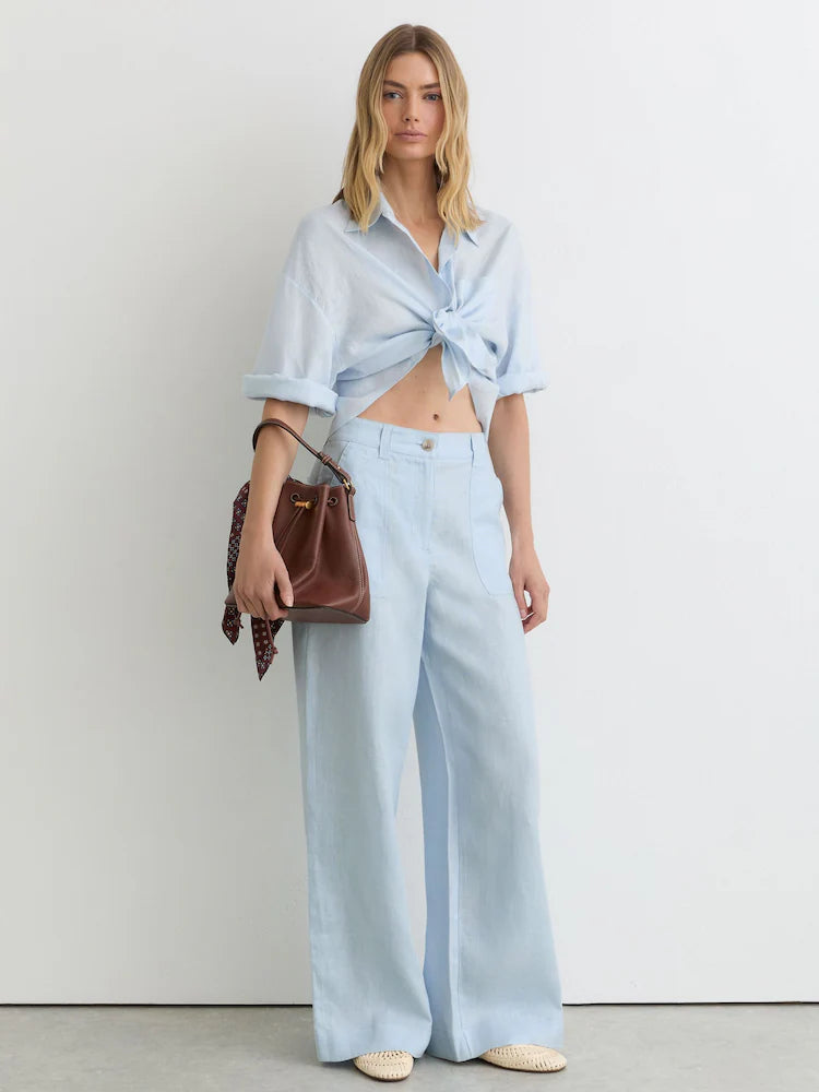 Reiss Dusty Blue Ashby Petite Linen Wide-Leg Trousers