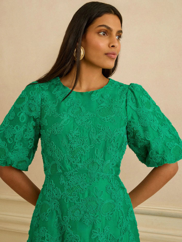 Love & Roses Bright Green Textured Puff Sleeve Crew Neck Midi Dress