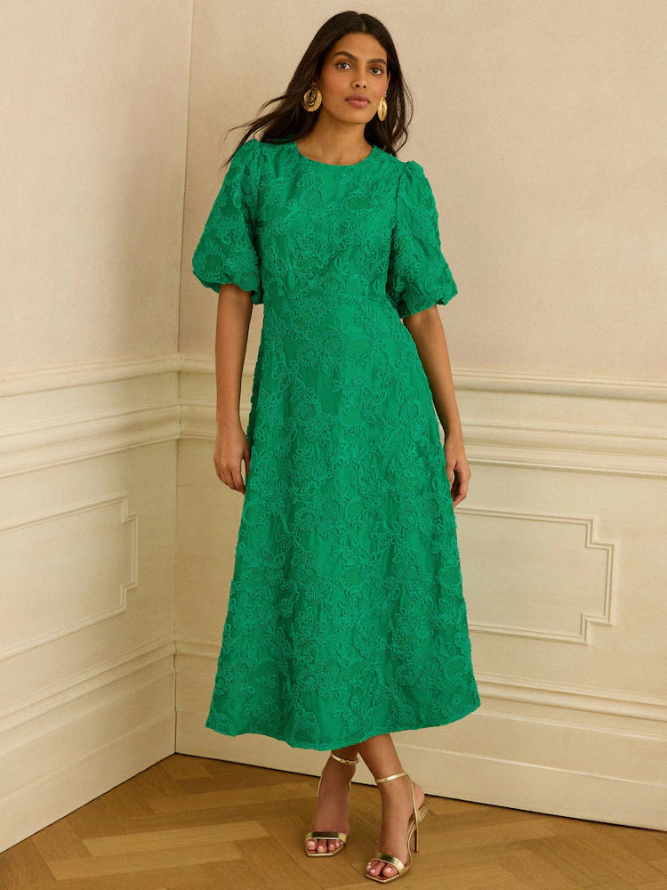 Love & Roses Bright Green Textured Puff Sleeve Crew Neck Midi Dress