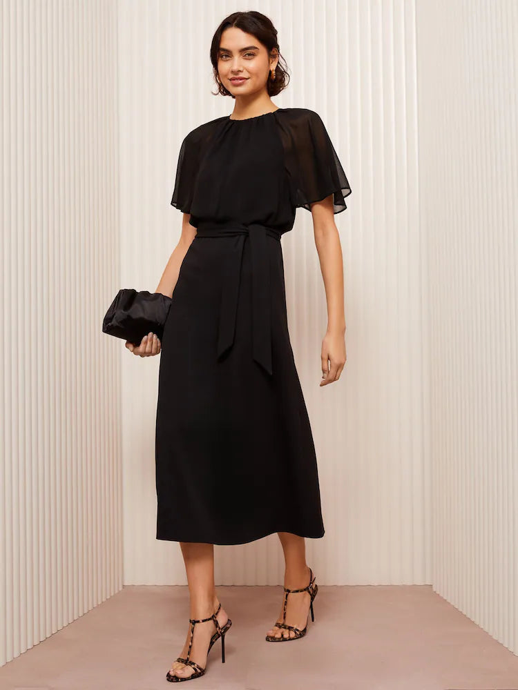 Friends Like These Black Jersey Chiffon Flutter Sleeve Midi Dress