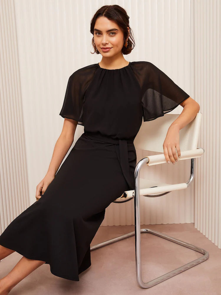 Friends Like These Black Jersey Chiffon Flutter Sleeve Midi Dress