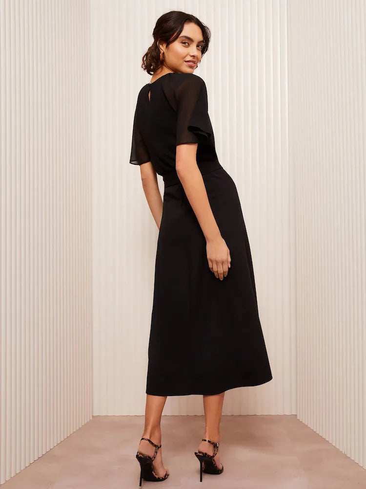 Friends Like These Black Jersey Chiffon Flutter Sleeve Midi Dress