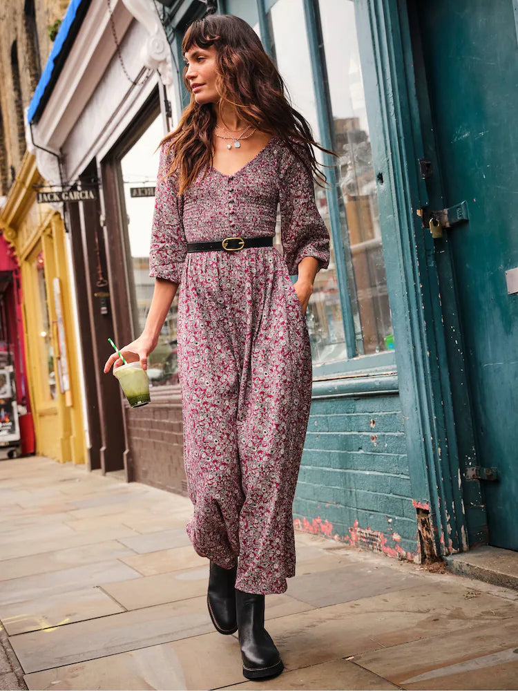 FatFace Adele Plum Purple 2 Tone Floral Midi Dress