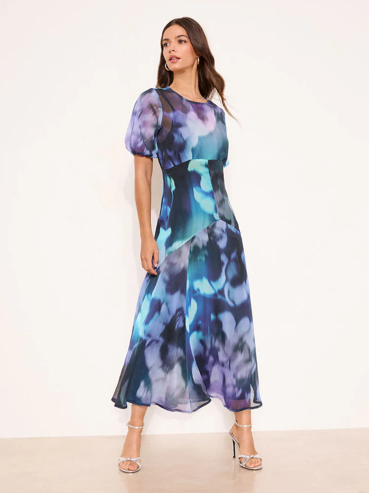 Lipsy Purple Floral Print Short Sleeve Midi Dress