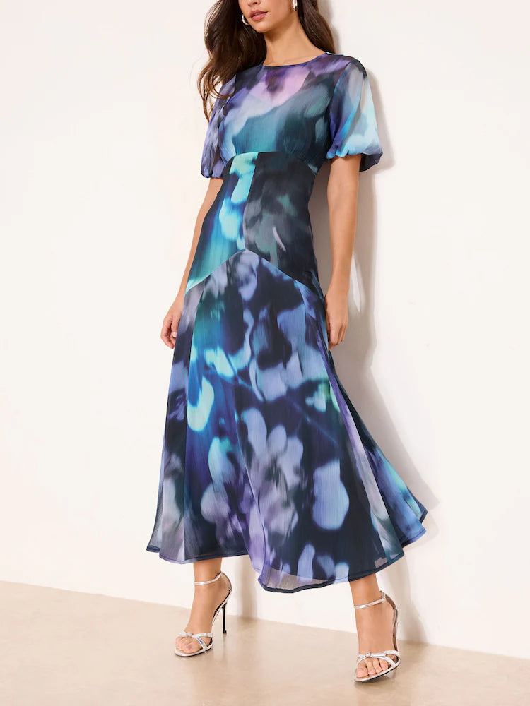 Lipsy Purple Floral Print Short Sleeve Midi Dress