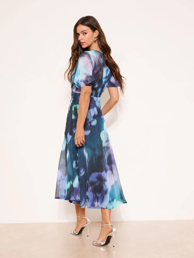 Lipsy Purple Floral Print Short Sleeve Midi Dress