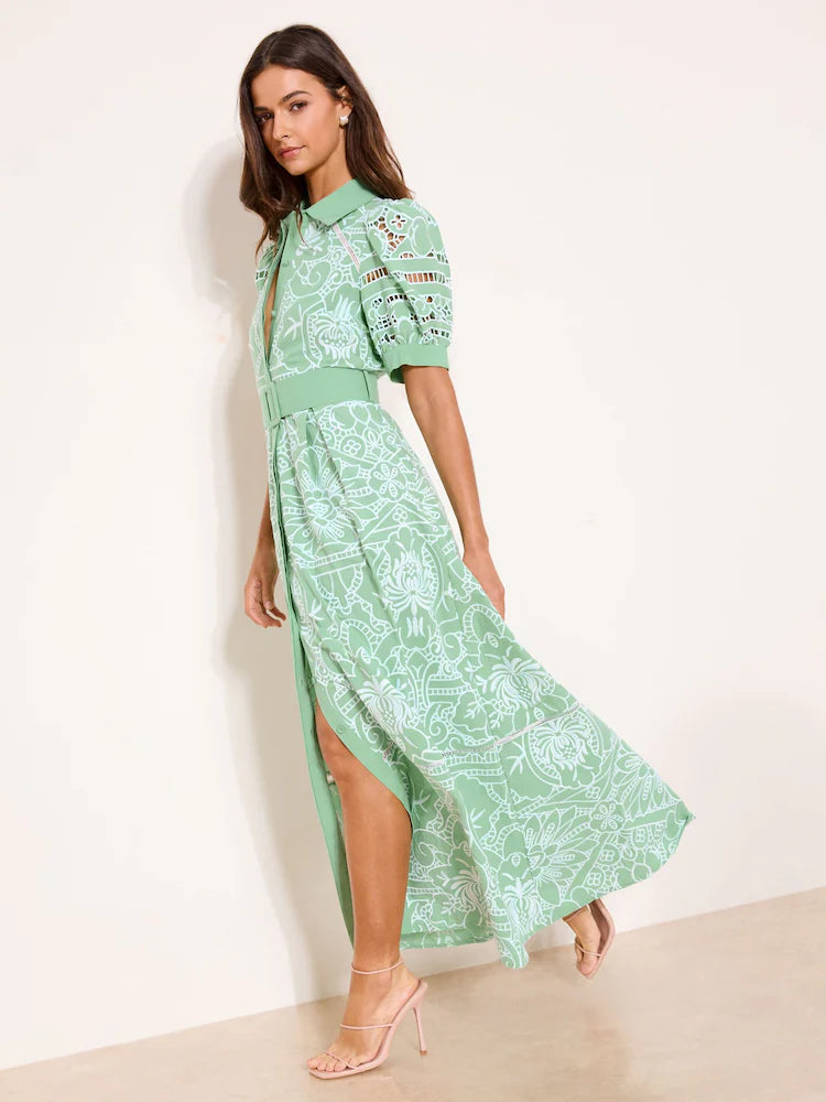 Lipsy Mint Green Premium Belted Puff Sleeve Embroidery Shirt Midi Dress