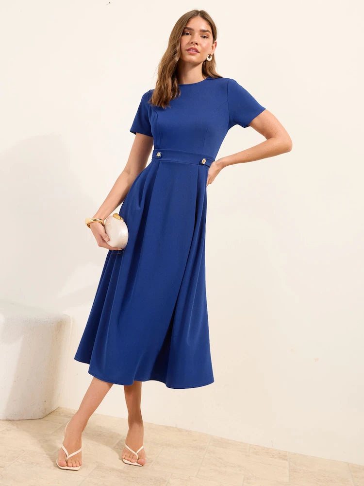 Friends Like These Blue Tab Detail Short Sleeve Midi Tailored Dress