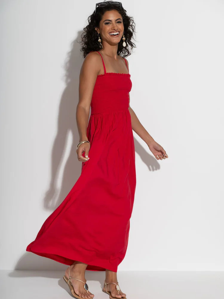 Pour Moi Red Emma Strapless Shirred Bodice Woven Maxi Beach Dress