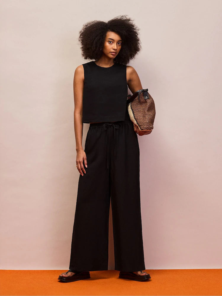 Ro&Zo Black Petite Drawstring Trousers With Linen
