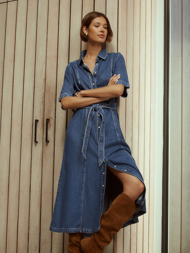 Mid Blue Denim N.Premium Short Sleeve Shirt Maxi Dress