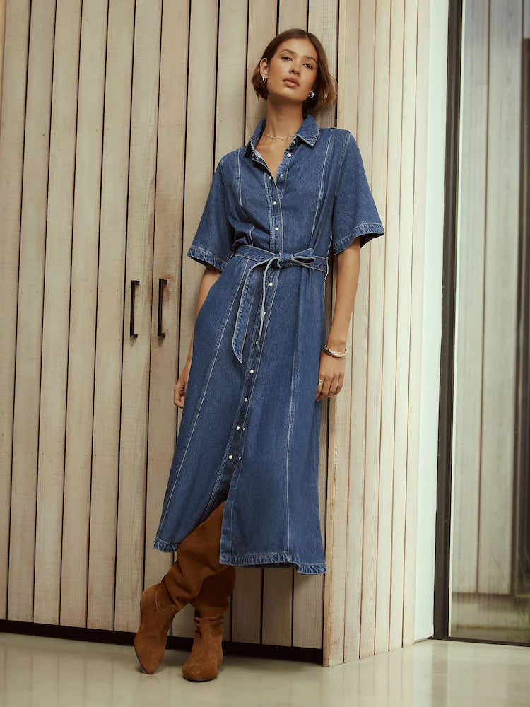 Mid Blue Denim N.Premium Short Sleeve Shirt Maxi Dress