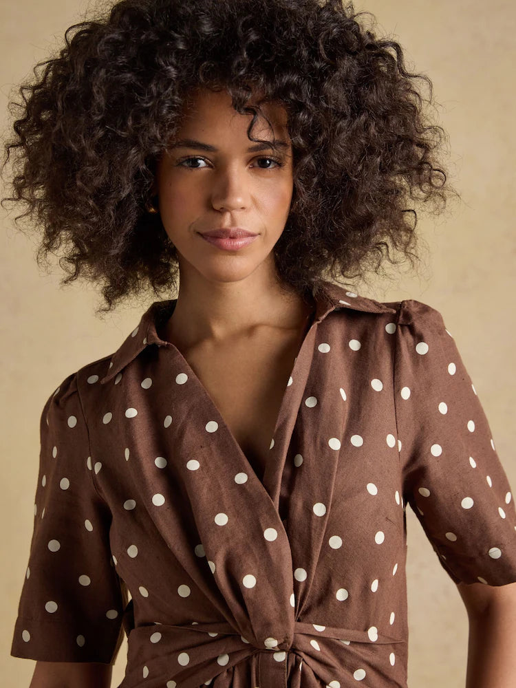 Joules Marina Brown Polka Dot Midi Linen Blend Dress