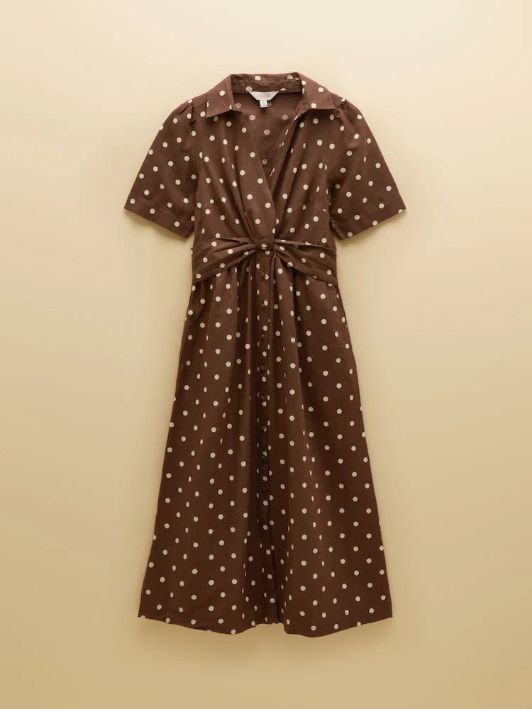 Joules Marina Brown Polka Dot Midi Linen Blend Dress