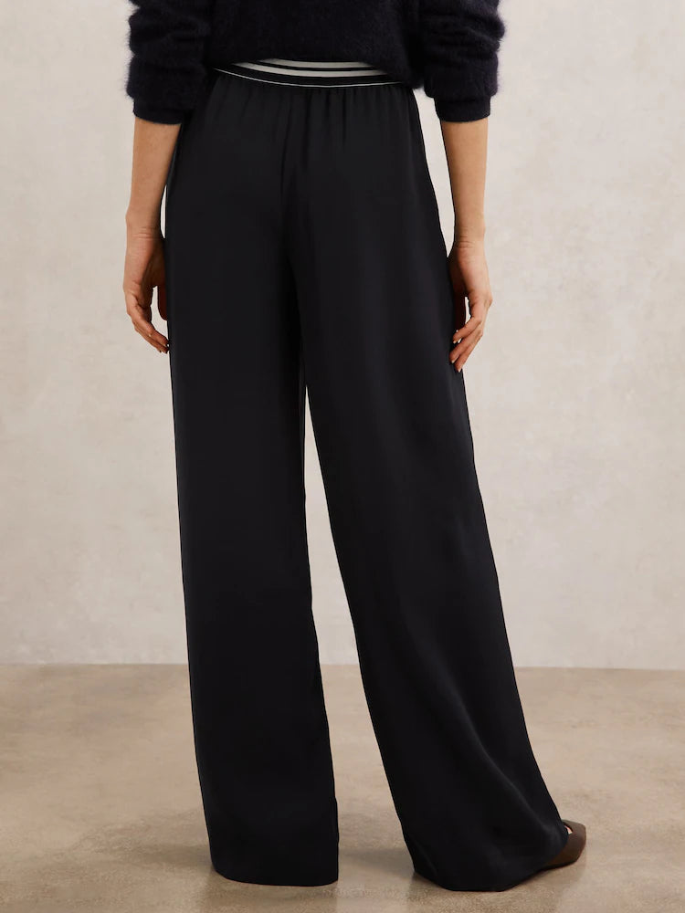 Reiss Navy Sonnie Petite Elasticated-Waist Wide-Leg Trousers