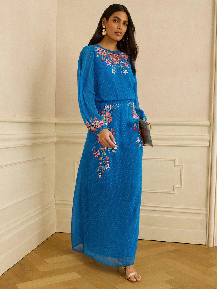 Love & Roses Cobalt Blue Floral Embroidered Crew Neck Maxi Dress