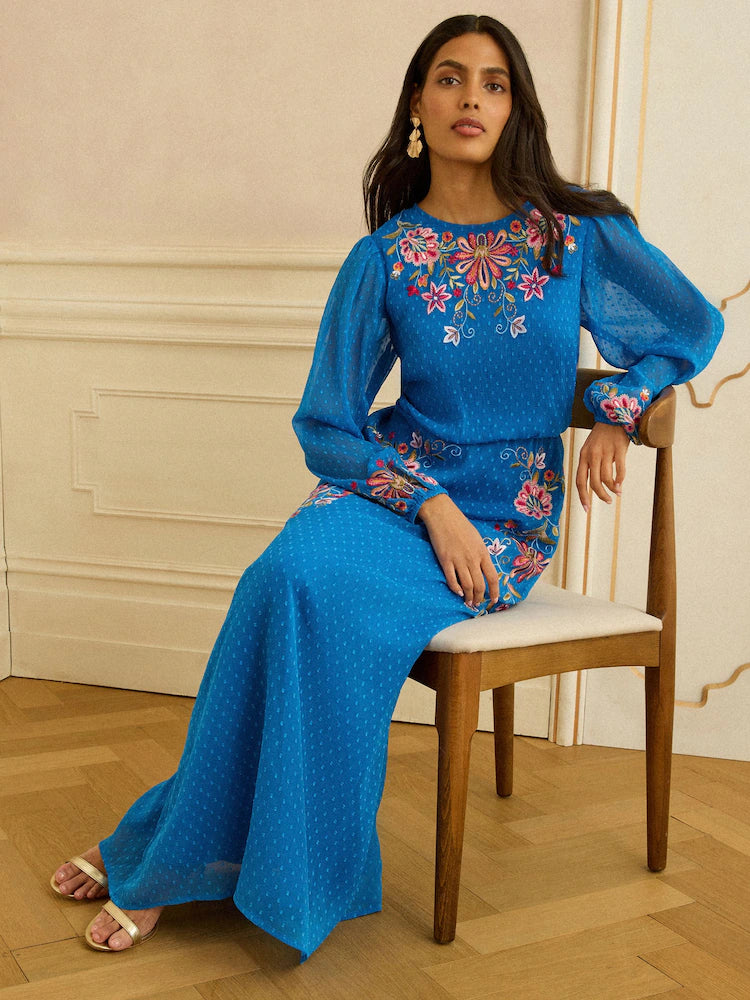Love & Roses Cobalt Blue Floral Embroidered Crew Neck Maxi Dress