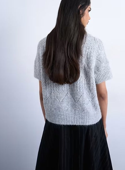 Topshop knitted relaxed fit short sleeve t-shirt top in light grey