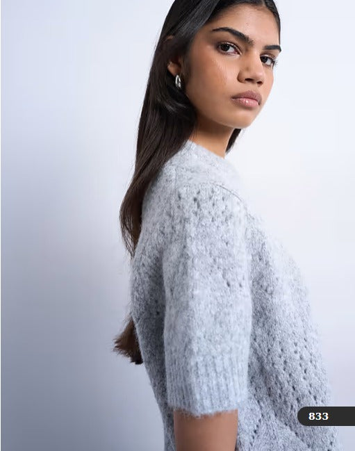 Topshop knitted relaxed fit short sleeve t-shirt top in light grey