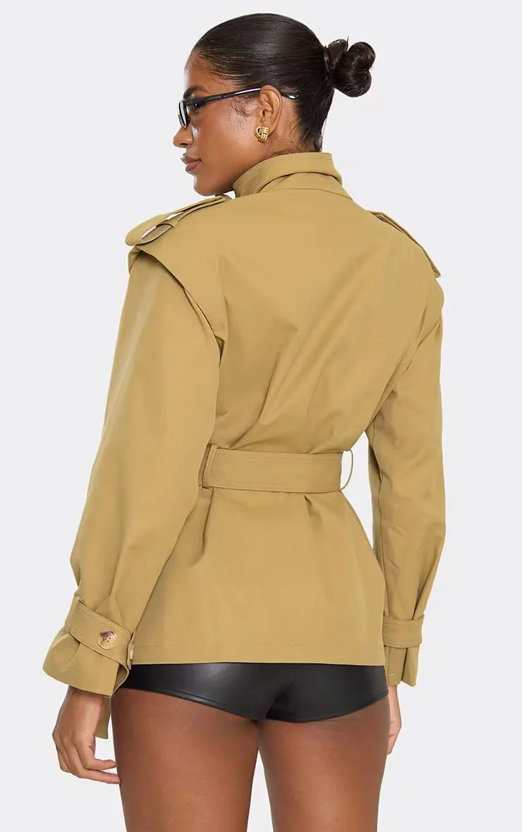 High Neck Belted Waist Short Trench Coat In Taupe